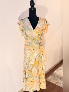 Yellow Tropical Print Wrap Dress